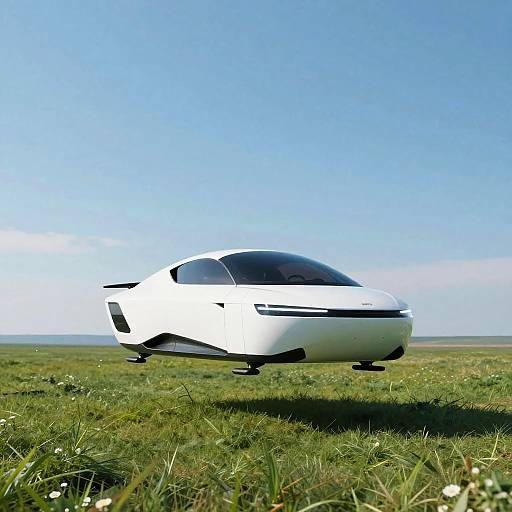 Futuristic Flying Car Over Green Field