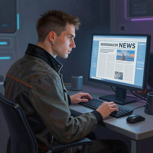 Photograph of a focused young man with short brown hair, wearing a green jacket, typing on a computer. Screen displays 
