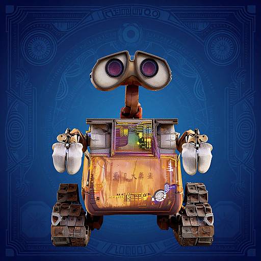 Colorful digital illustration of a robot with large eyes, orange and yellow front panel, white arm-like cylinders, and blue background.