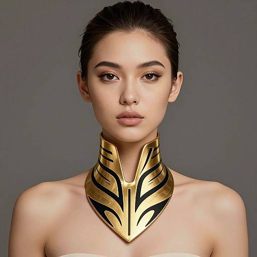 Photograph of a young woman with fair skin, dark hair pulled back, wearing a gold and black ornate neckpiece, against a gray background,