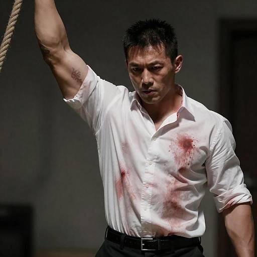 Muscular Man Gripping Rope in Shadows