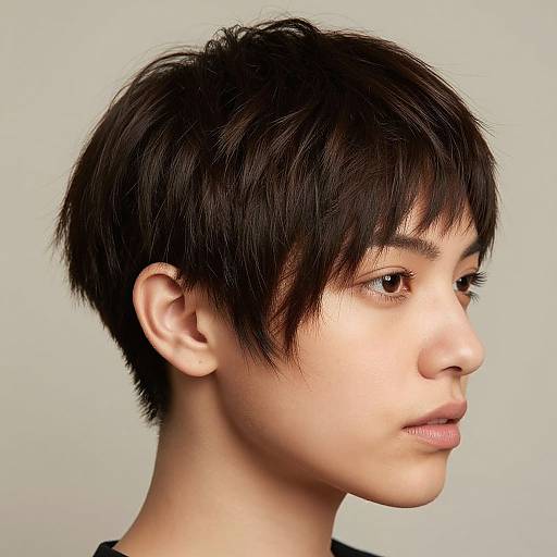 Photograph of a young person with short, dark, slightly messy hair, light skin, and brown eyes, looking to the right against a plain white