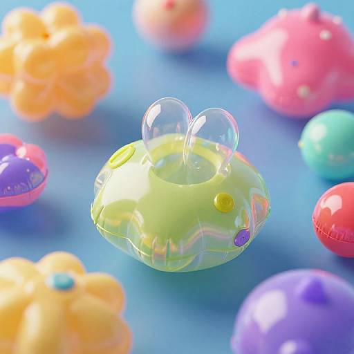 Bright, colorful CGI image of translucent, bubble-like objects in green, yellow, pink, purple, and orange, floating against a blue background.