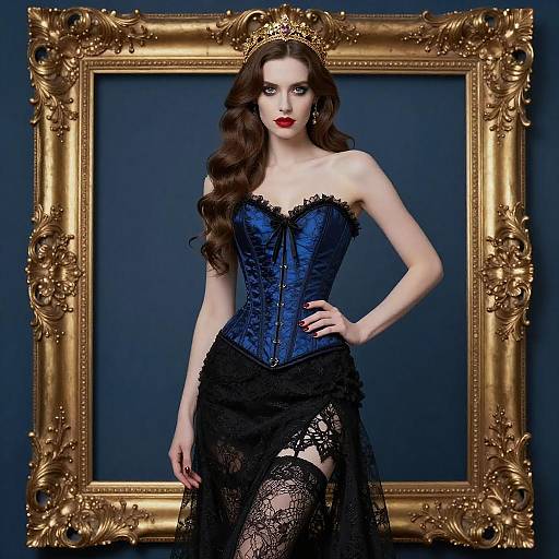 Gothic Elegance in Blue Corset and Gold Crown