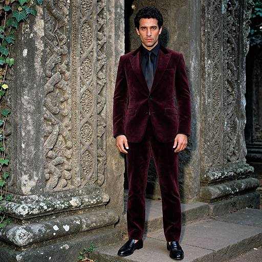 Photograph of a man with curly dark hair, medium skin tone, wearing a dark maroon velvet suit, black shirt, standing in front of orn
