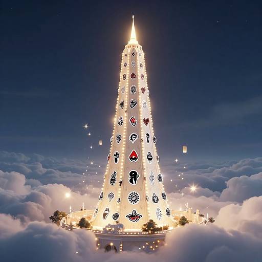 Photorealistic digital artwork of a glowing, pyramid-shaped Christmas tree adorned with various holiday symbols, set against a night sky and fluffy clouds.