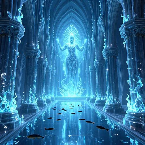 Digital art of a glowing blue ethereal figure in a gothic cathedral, surrounded by floating fish and luminescent flames.