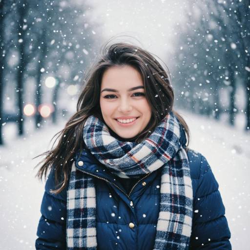 Smiling Woman in Winter Clothing with Falling Snow