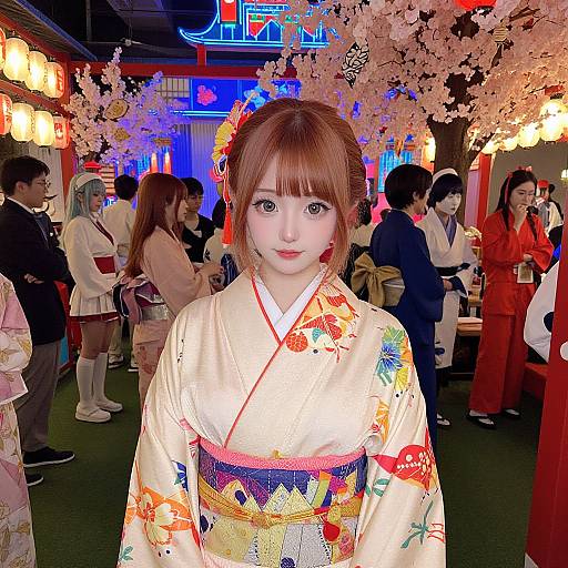 Photograph of a young Japanese woman with fair skin and red hair in a floral kimono, standing in a vibrant, lantern-lit cherry blossom festival