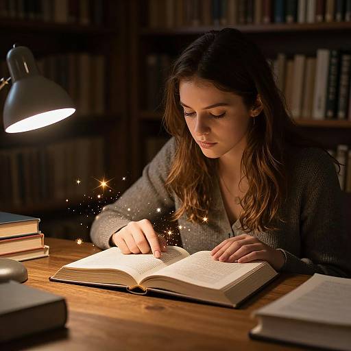 Young Woman Studying with Magical Sparks in Library