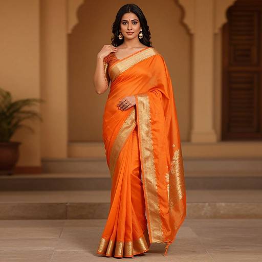 Elegant Woman in Orange Silk Saree
