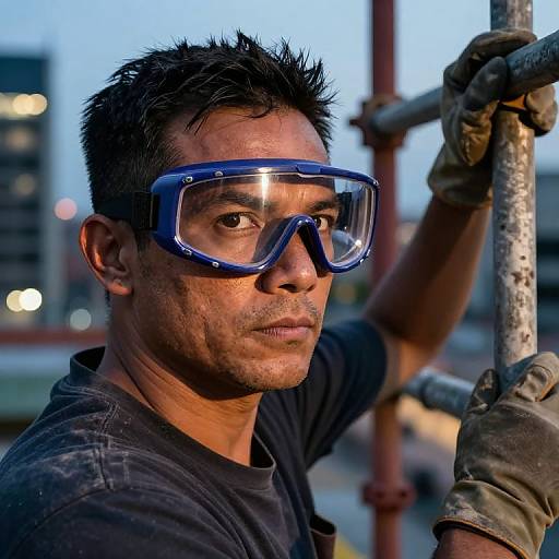 Photograph of a rugged, dark-haired man with tan skin, wearing blue safety goggles, black shirt, and dirty gloves, gripping a metal pole against