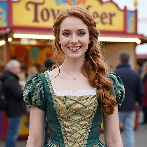 Photograph of a smiling young woman with long red hair in a green and gold medieval-style dress, standing in front of a brightly lit, colorful carnival