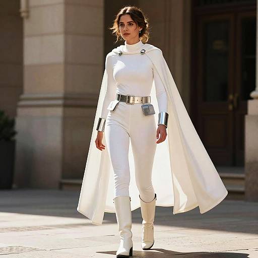 Photograph of a woman with olive skin, dark wavy hair, wearing a white long-sleeve cape suit, silver belt, and white boots