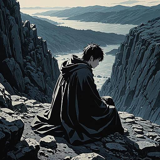 Lonely Wanderer on Rocky Cliff