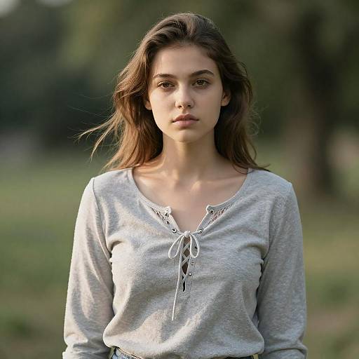 Young woman in gray lace-up top outdoors