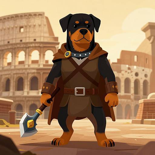 Cartoon Rottweiler warrior in brown armor, holding axe, stands confidently in front of ancient Roman ruins under a bright, orange sky.