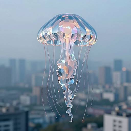 CGI digital art of a transparent, glowing jellyfish with geometric patterns, floating above a blurred cityscape at dusk.