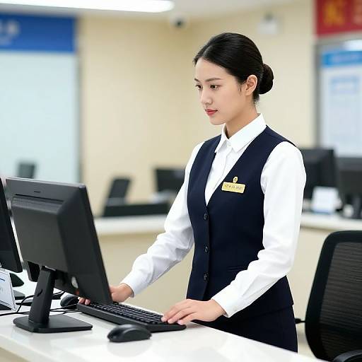 Photograph of an Asian woman with dark hair in a bun, wearing a white shirt and black vest, typing on a computer in a bright office.