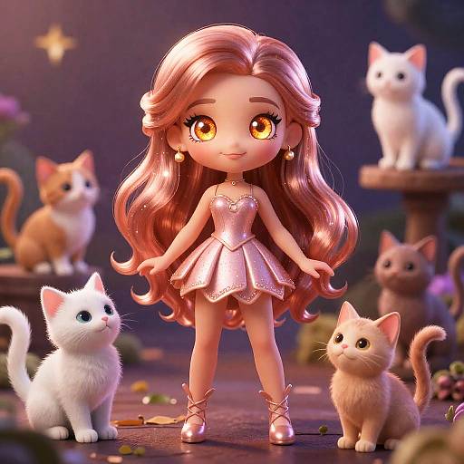 Whimsical Girl with Rose Gold Hair and Kittens