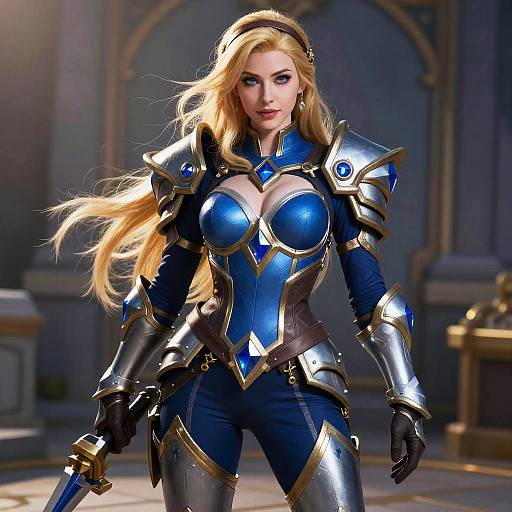 Digital art of a blonde, blue-eyed woman in shiny blue and silver armor, standing confidently in a medieval-style hall.
