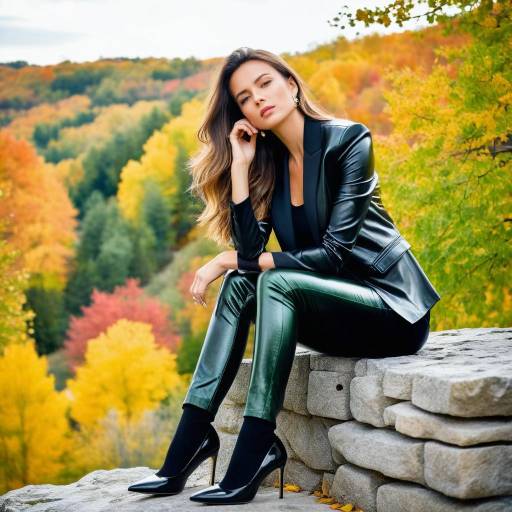 Stylish Woman in Black Leather Outfit in Autumn Park
