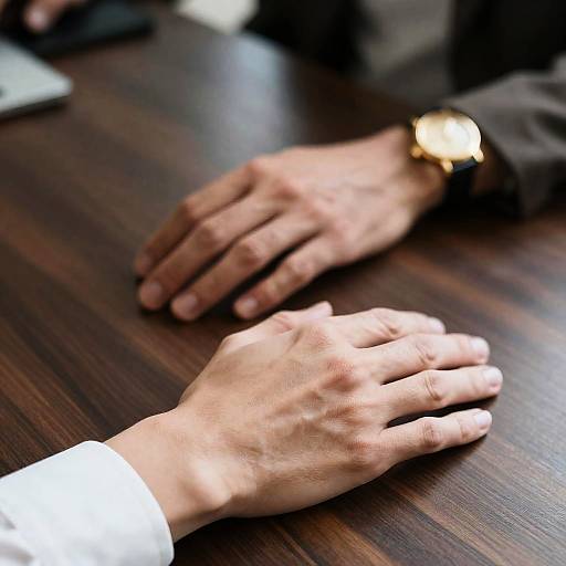 Intimate Hands on a Wooden Table