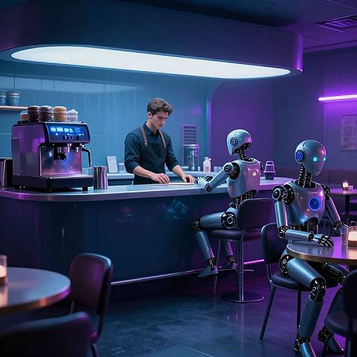 Photograph of a sci-fi café with a human barista serving two glowing, robotic humanoid figures seated at a neon-lit bar.
