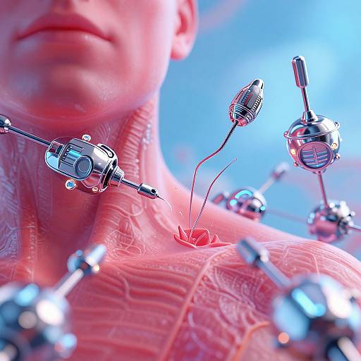 Close-up CGI image of a pink-skinned humanoid with metallic plug-like devices attached to the neck and chest, against a blue sky background.