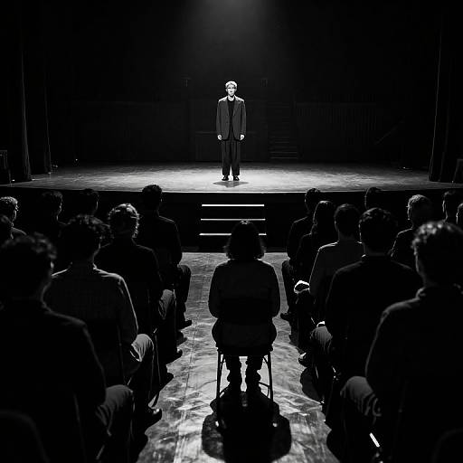 Black-and-white photograph of a solo male performer in a suit standing on stage, illuminated by a spotlight, with an audience seated in darkness in front.