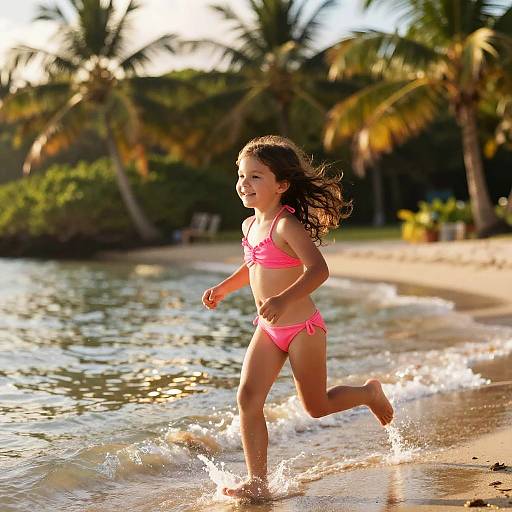 Joyful Girl Running on Tropical Shore
