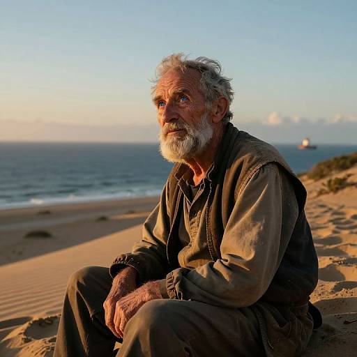 Photograph of an elderly white man with gray beard, wearing rugged brown clothing, sitting on a sandy beach at sunset, ocean and distant boat in background