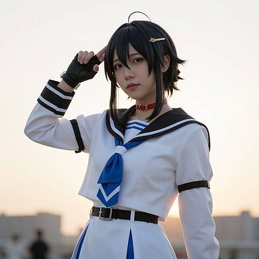 Photograph of an Asian woman with black hair in a white and blue sailor school uniform, black gloves, red choker, and black hairpin,