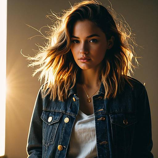 Woman with Root Smudge Hairstyle and Denim Jacket