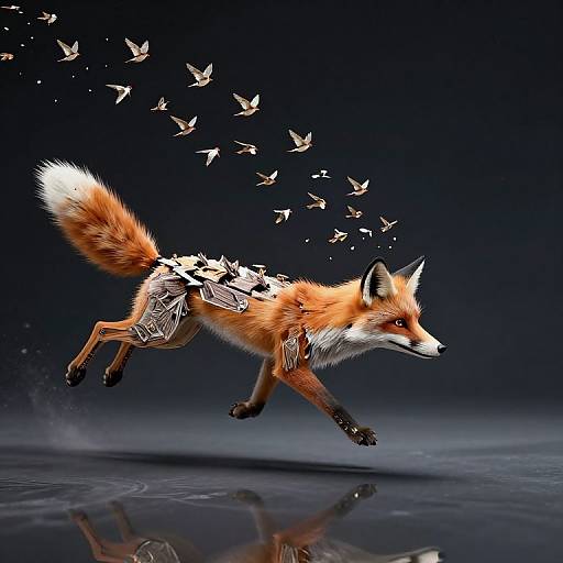 Digital artwork of a red fox with white-tipped tail and feathers, running mid-air against a dark blue background, with small birds flying upwards. Reflection