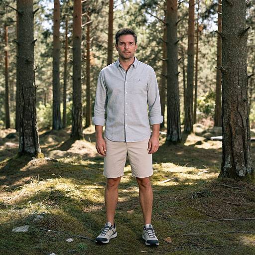 Photograph of a man with short dark hair, wearing a light gray button-up shirt, beige shorts, and gray sneakers, standing in a sunlit