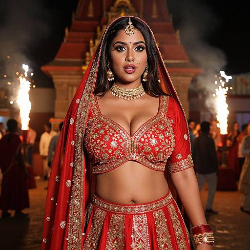 Photograph of a beautiful Indian bride in a red and gold traditional outfit, adorned with jewelry, standing in a nighttime temple setting with lit torches in