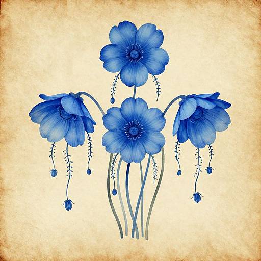 Digital illustration of five blue poppies with delicate, dangling petals and stems, set against a textured, beige background.