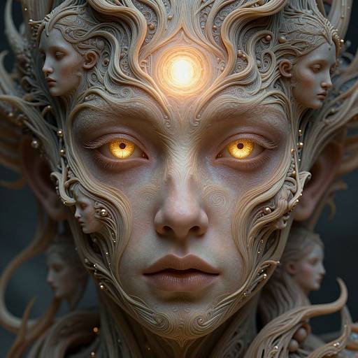 Digital artwork of a mystical, humanoid face with glowing amber eyes, intricate swirling patterns, and small face sculptures integrated into the headpiece, centered by a