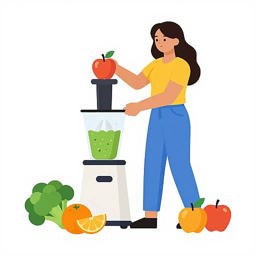 Illustration of a woman with long brown hair, yellow shirt, blue pants, juicing a red apple on a juicer with green basket, surrounded
