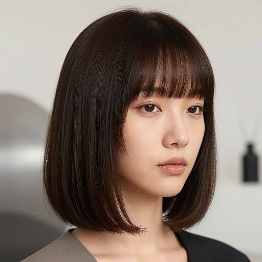 Photograph of a young Asian woman with straight, dark brown bob haircut, bangs, fair skin, wearing a black top, looking slightly to the