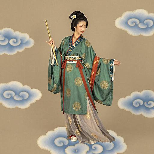 Elegant Asian Woman on Clouds Illustration