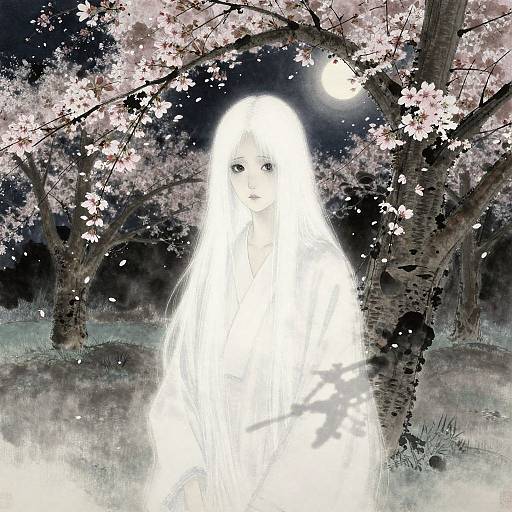 Digital art of a ghostly, ethereal figure with long white hair, standing under a moonlit cherry blossom tree, surrounded by dark forest.