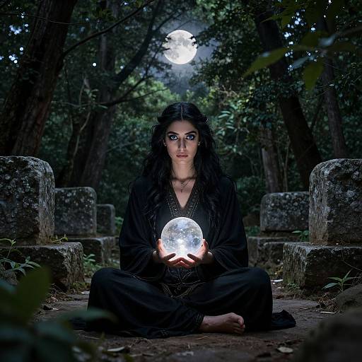 Photograph of a woman with dark hair and intense eyes, sitting cross-legged in a moonlit forest, holding a glowing moon orb, wearing a black