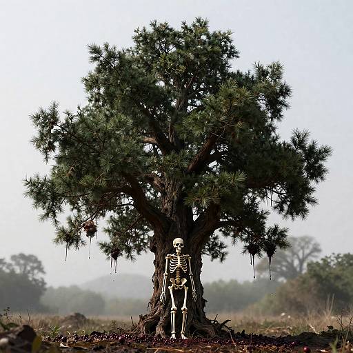 Eerie Skeleton Under Twisted Cypress Tree