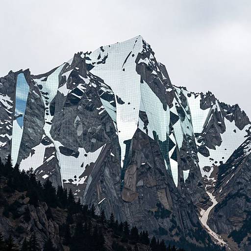 Digital artwork of snow-capped, jagged mountain peaks with dark forest at the base, featuring a textured overlay effect in white and blue shades.