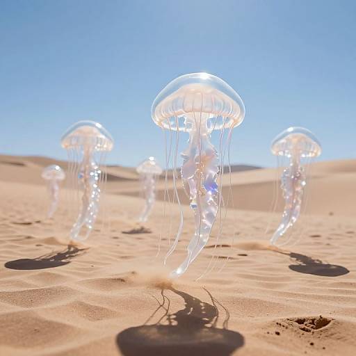 Photograph of glowing jellyfish with translucent, umbrella-like tops floating in a bright, sandy desert under a clear blue sky.