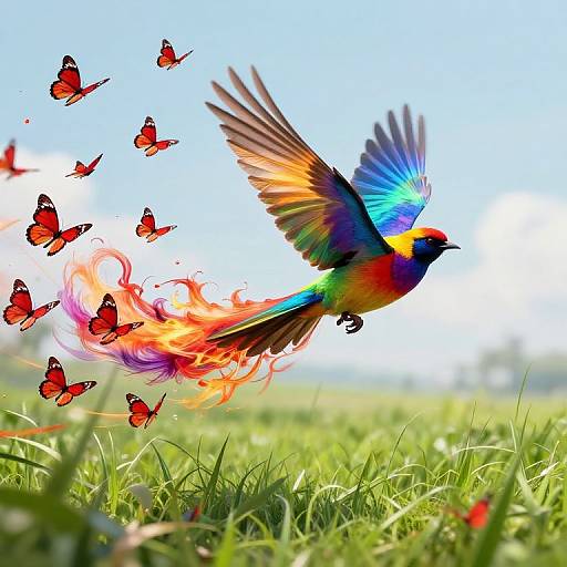 Rainbow Feathered Bird with Butterflies