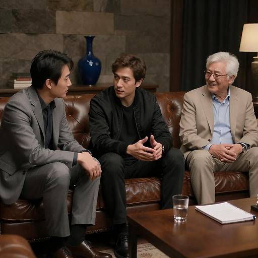 Three men seated in living room conversation