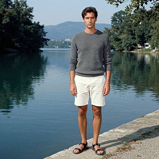 Photograph of a young man with short brown hair, wearing a gray sweater, white shorts, and black sandals, standing on a lakeside concrete edge